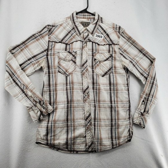 BKE Shirt Men's Long Sleeve Pearl Snap Up Striped Tan White Large*Western - Picture 12 of 12